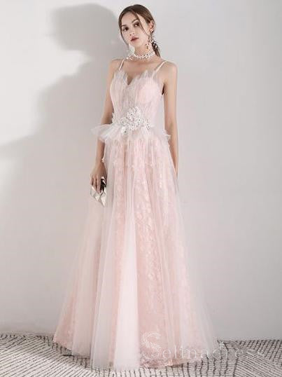 A-line Spaghetti Straps Pink Lace Long Prom Dress Cheap Formal Dress #SED164