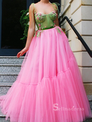 A-line Spaghetti Straps Pink Long Prom Dress Beaded Evening Dresses HLK009