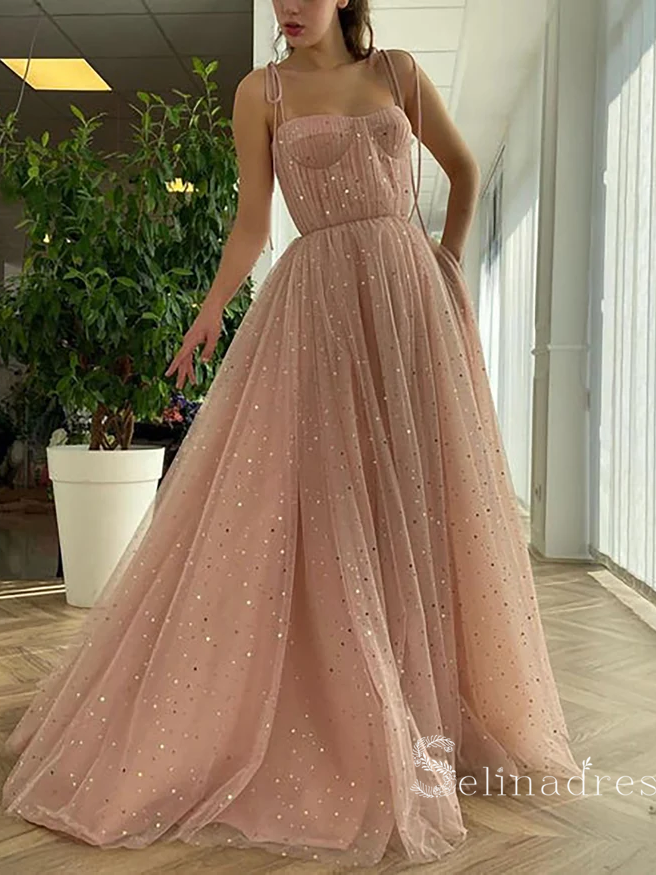 A-line Spaghetti Straps Pink Long Prom Dress Sparkly Evening Dresses HLK012|Selinadress