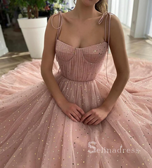 A-line Spaghetti Straps Pink Long Prom Dress Sparkly Evening Dresses HLK012|Selinadress