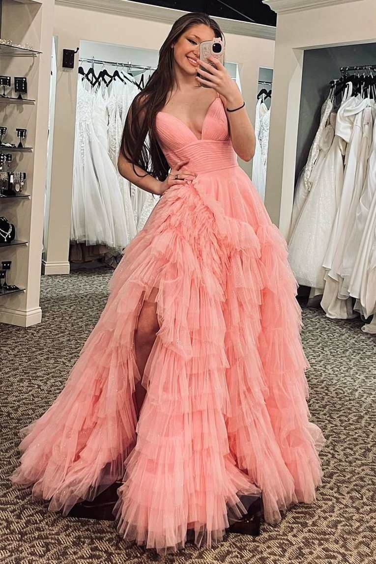 A-Line Spaghetti Straps Pink Princess Frill-Layered Long Prom Dress JKW128|Selinadress