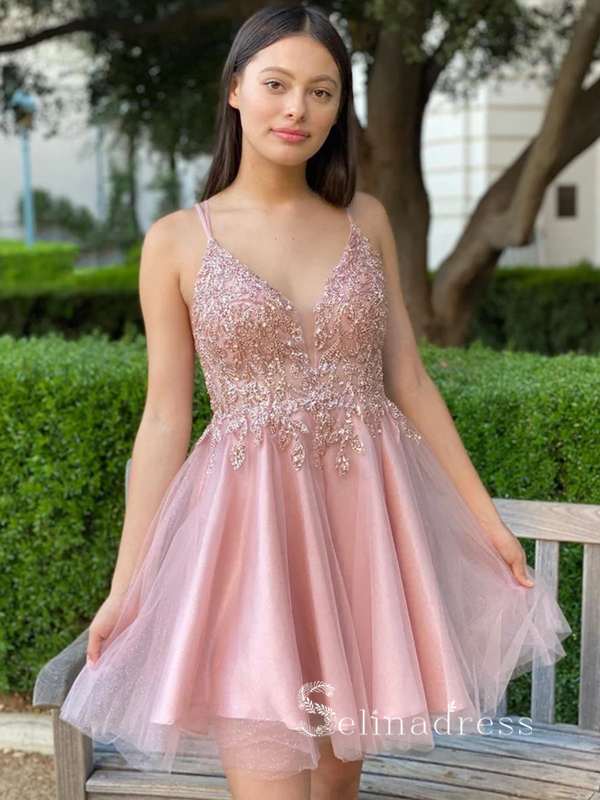 A-line Spaghetti Straps Pink Short Prom Dress Lace Homecoming Dresses #MHL121|Selinadress