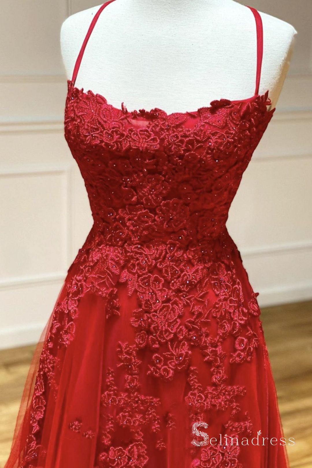 A-line Spaghetti Straps Red Prom Dresses Lace Long Evening Gowns CBD540|Selinadress