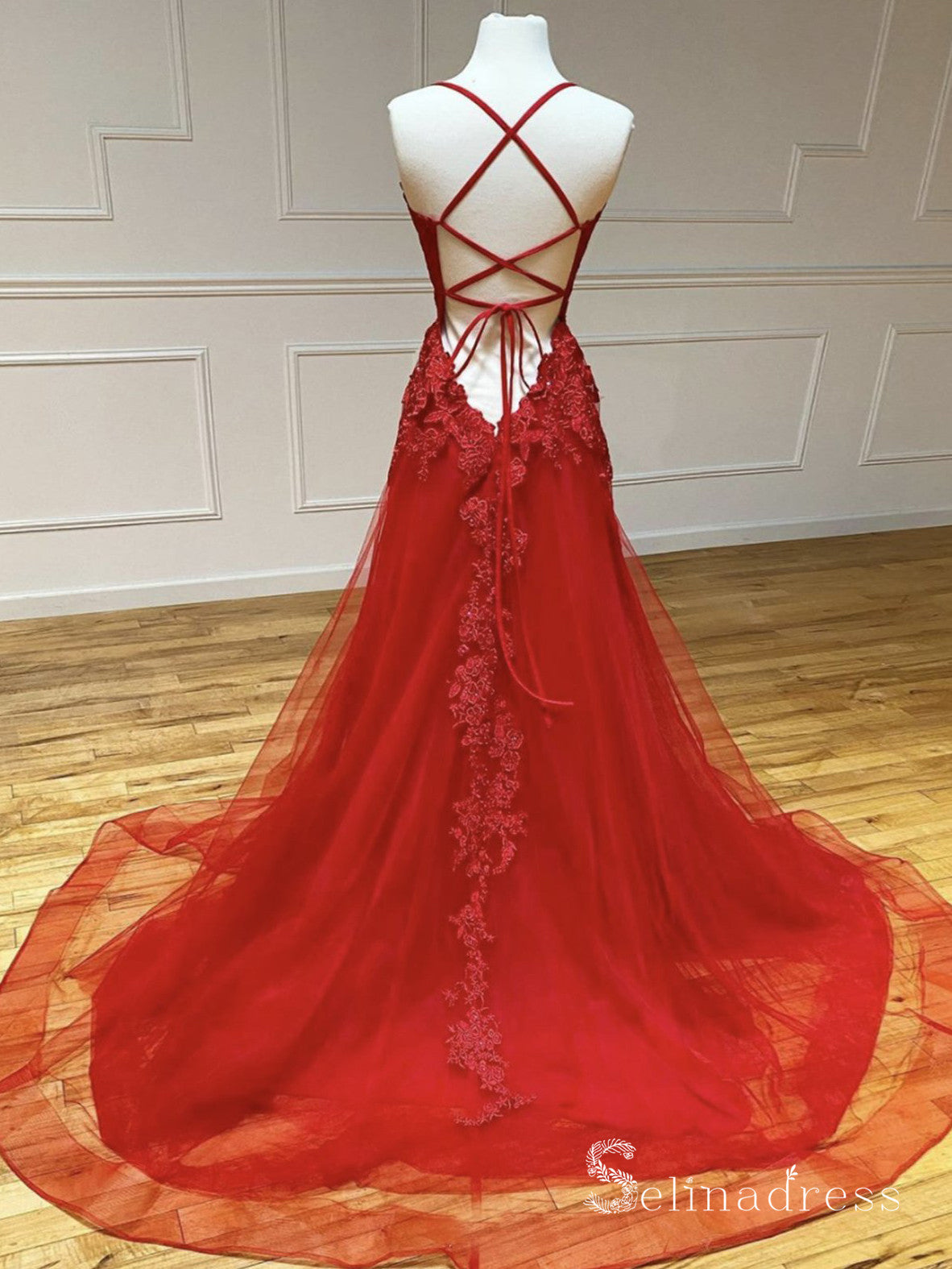 A-line Spaghetti Straps Red Prom Dresses Lace Long Evening Gowns CBD540|Selinadress