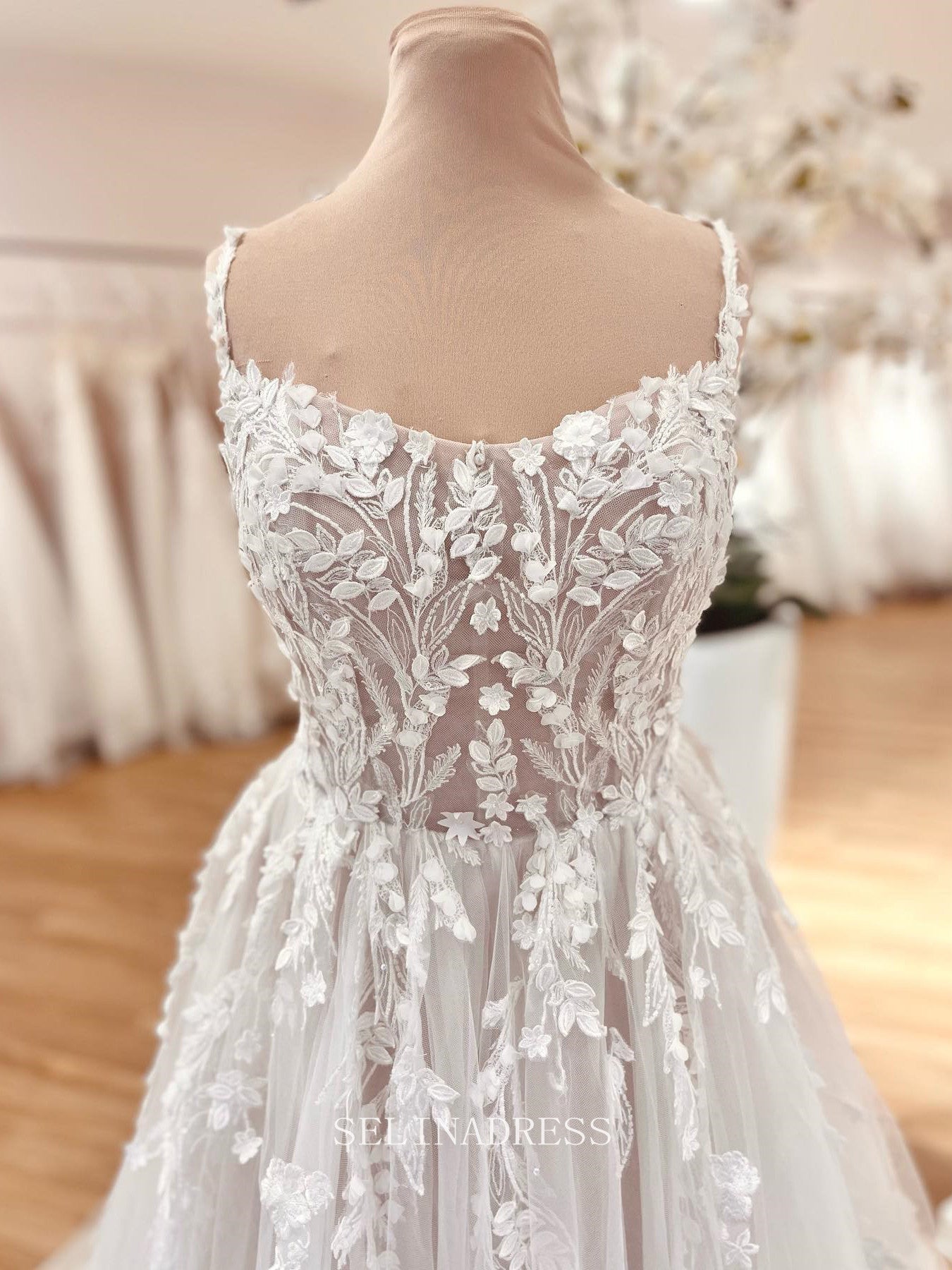 A-line Spaghetti Straps Romantic Lace Country Wedding Dresses LOP612|Selinadress