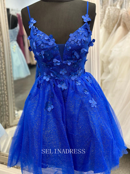 Blue Short Prom Dress, Puffy Cute Blue Homecoming Dress with Lace – shopluu