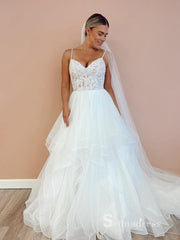 A-line Spaghetti Straps Sleeveless Rustic Lace Wedding Dresses Bridal Gowns MHL2820|Selinadress