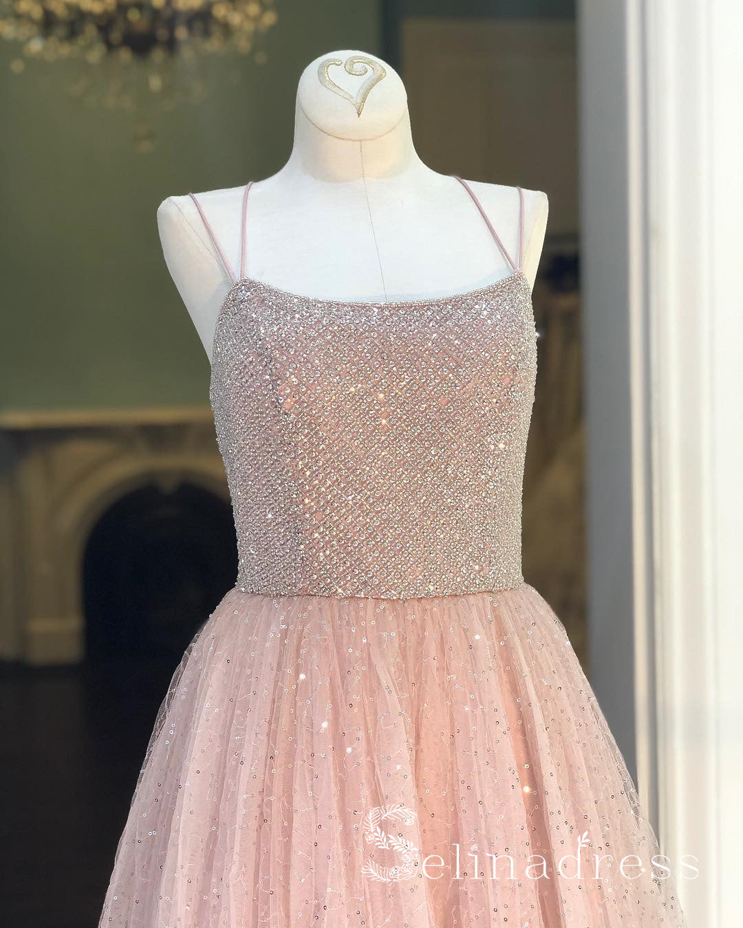 A- Line Spaghetti Straps Sparkly Long Prom Dresses Pink Beaded Quinceanera Formal Dress SED097|Selinadress