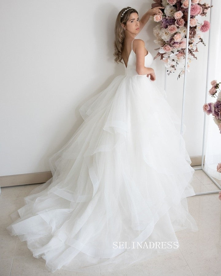 A-line Spaghetti Straps Wedding Dresses Gorgeous Frill Layered Gown Formal Dresses JKW212|Selinadress