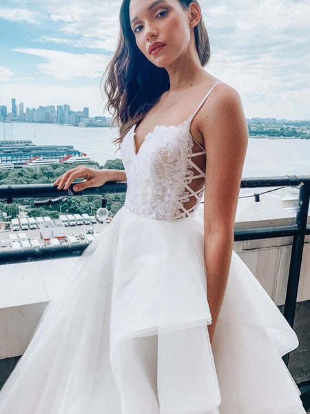 Deep V Neck and V Back White Lace Long Prom Wedding Dresses with