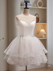 A-line Spaghetti Straps White Short Prom Dress Cute Tulle Homecoming Dress lop254|Selinadress