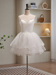 A-line Spaghetti Straps White Short Prom Dress Cute Tulle Homecoming Dress lop254|Selinadress