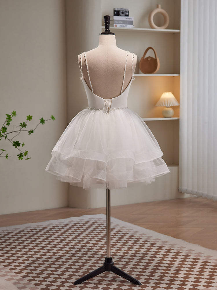 A-line Spaghetti Straps White Short Prom Dress Cute Tulle Homecoming Dress lop254|Selinadress