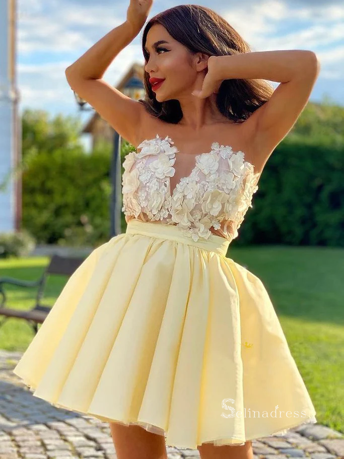 A-line Strapless 3D Floral Lace Short Homecoming Dress Yellow Prom Dress RYU049|Selinadress