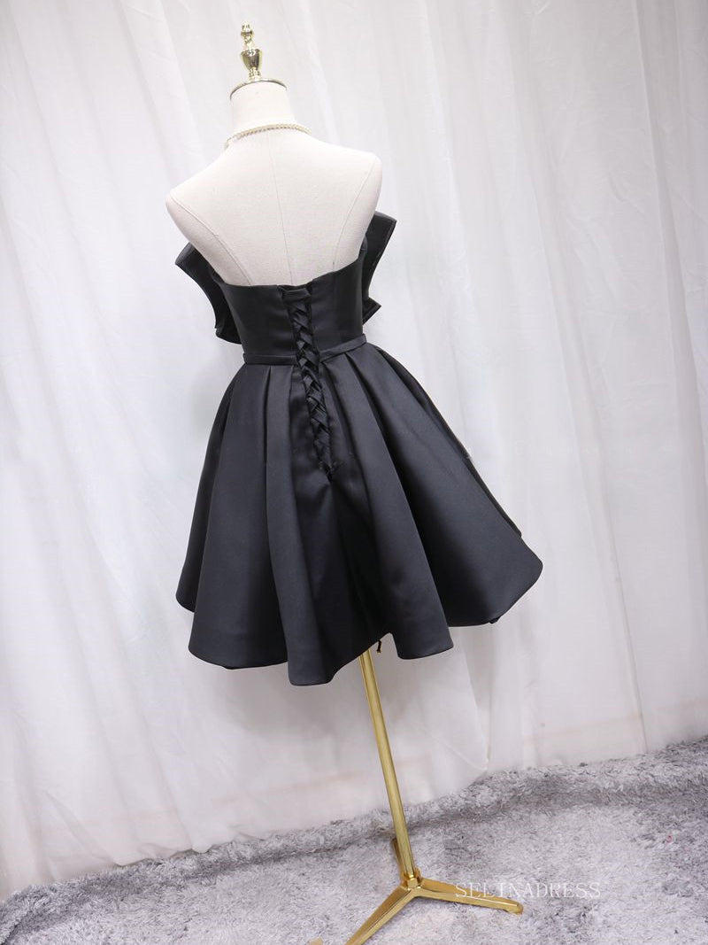 A-line Strapless Black Cute Homecoming Dress Big Bow Short Prom Dresses EDS025|Selinadress