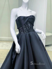 A-line Strapless Black Long Prom Dresses Cheap Satin Evening Dresses MLK048