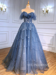 A-line Off-the-shoulder Blue Prom Dress Long Sparkly Evening Formal Gown hlks010|Selinadress