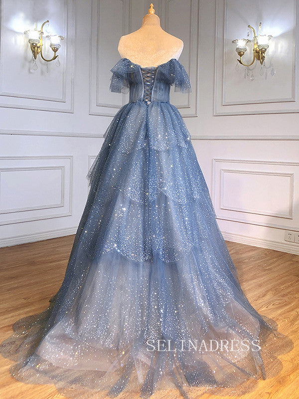 A-line Off-the-shoulder Blue Prom Dress Long Sparkly Evening Formal Gown hlks010|Selinadress