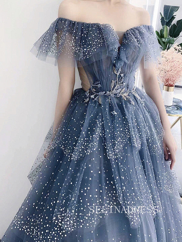 A-line Off-the-shoulder Blue Prom Dress Long Sparkly Evening Formal Gown hlks010|Selinadress