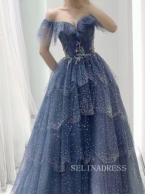 A-line Off-the-shoulder Blue Prom Dress Long Sparkly Evening Formal Gown hlks010|Selinadress