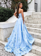 A-line Strapless Blue Satin Long Prom Dress Cheap Simple Formal Evening Dress SED137|Selinadress