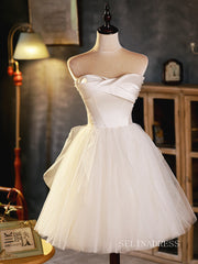 A-line Strapless Cute Homecoming Dress White Short Prom Dresses EDS010|Selinadress