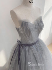 A-line Strapless Gray Long Prom Dress Ball Gown Princess Evening Dresses GKF025|Selinadress、