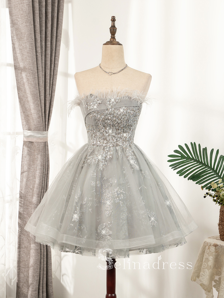 A-line Strapless Gray Short Homecoming Dress Cheap Summer Outfits THL010|Selinadress