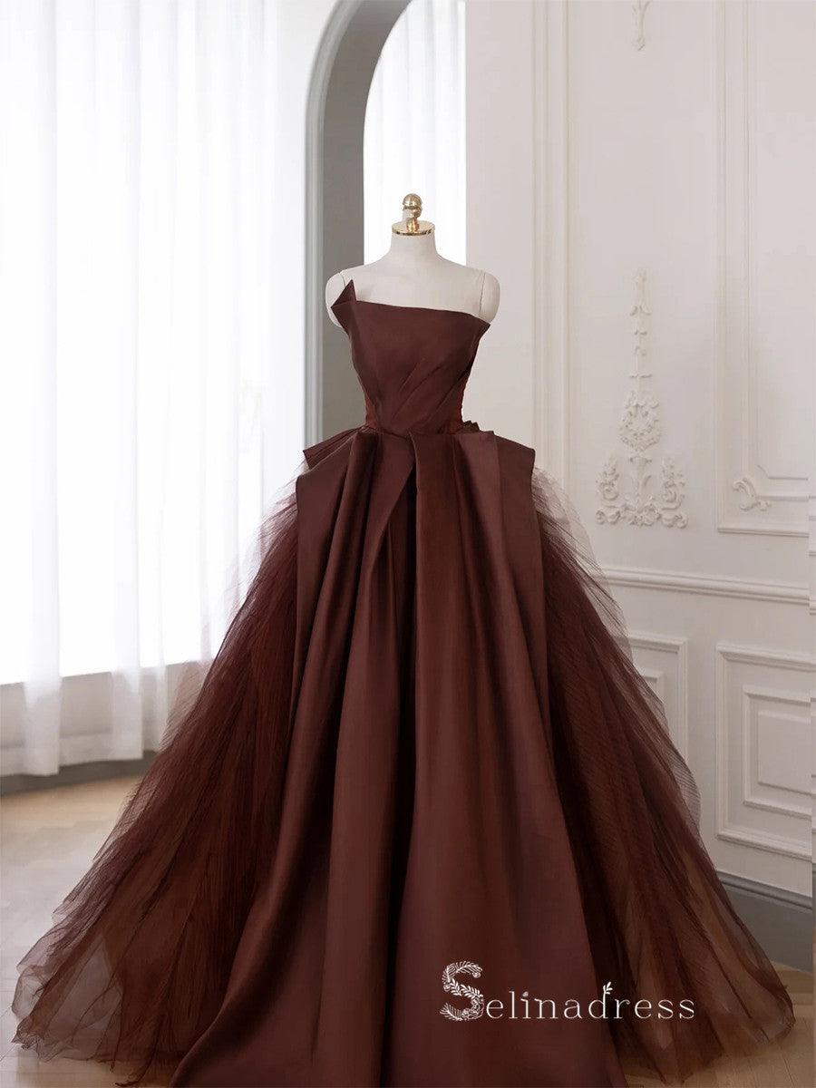 A-line Strapless Long Prom Dress Modest Satin Chocolate Evening Dresses GKF028|Selinadress