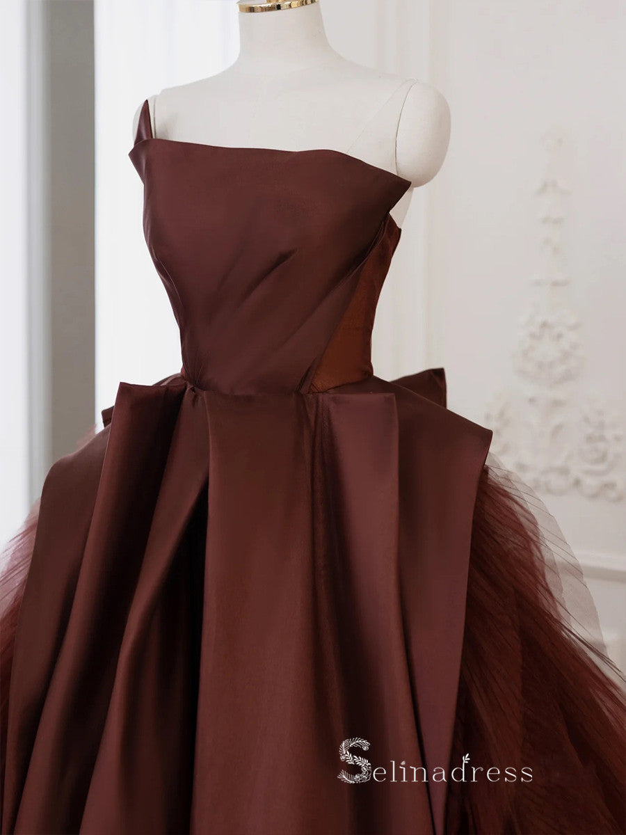 A-line Strapless Long Prom Dress Modest Satin Chocolate Evening Dresses GKF028|Selinadress