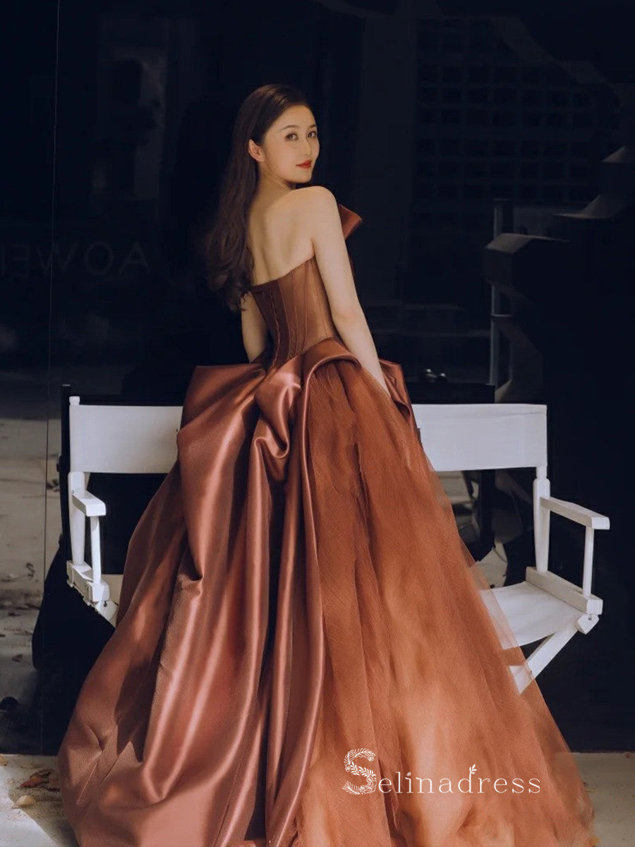 A-line Strapless Long Prom Dress Modest Satin Chocolate Evening Dresses GKF028|Selinadress