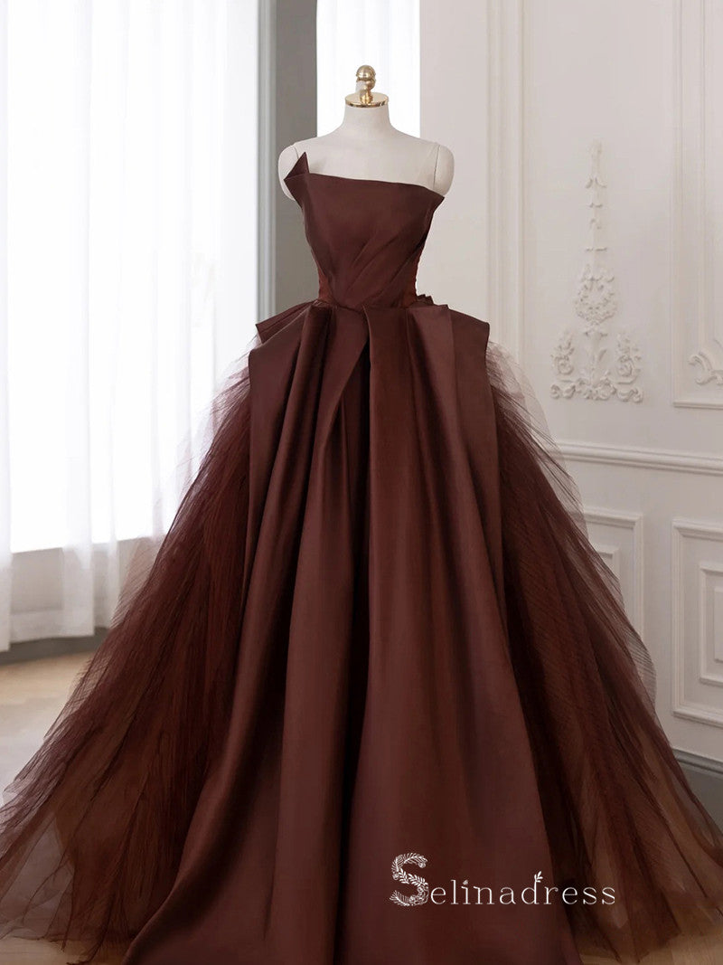 A-line Strapless Long Prom Dress Modest Satin Chocolate Evening Dresses GKF028|Selinadress