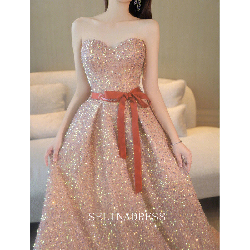 A-line Strapless Long Prom Dress Pink Sequins Princess Dress Sparkly Long Evening Dress OSTY017|Selinadress