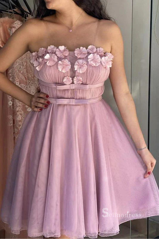 A-line Strapless Pink Flower Short Homecoming Dress Prom Dress RYU045|Selinadress