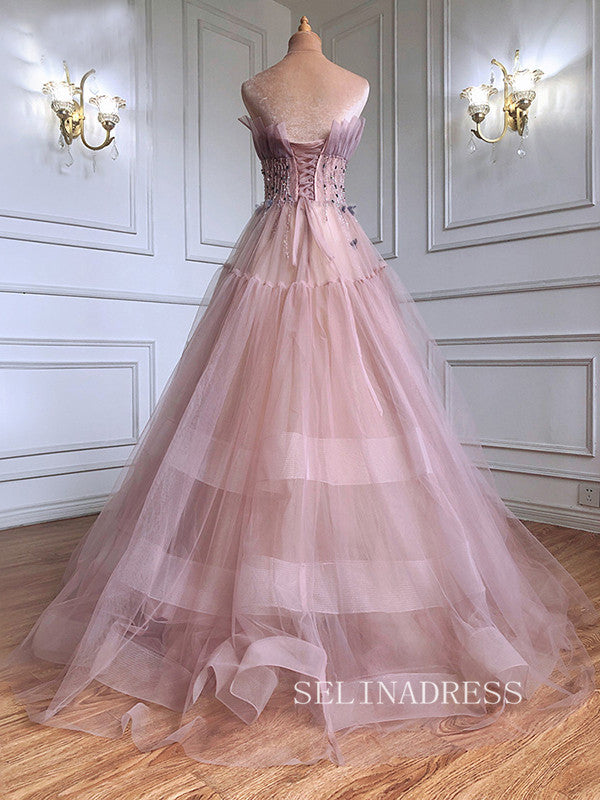 A-line Strapless Pink Prom Dress luxury Long Evening Formal Gown hlks009|Selinadress