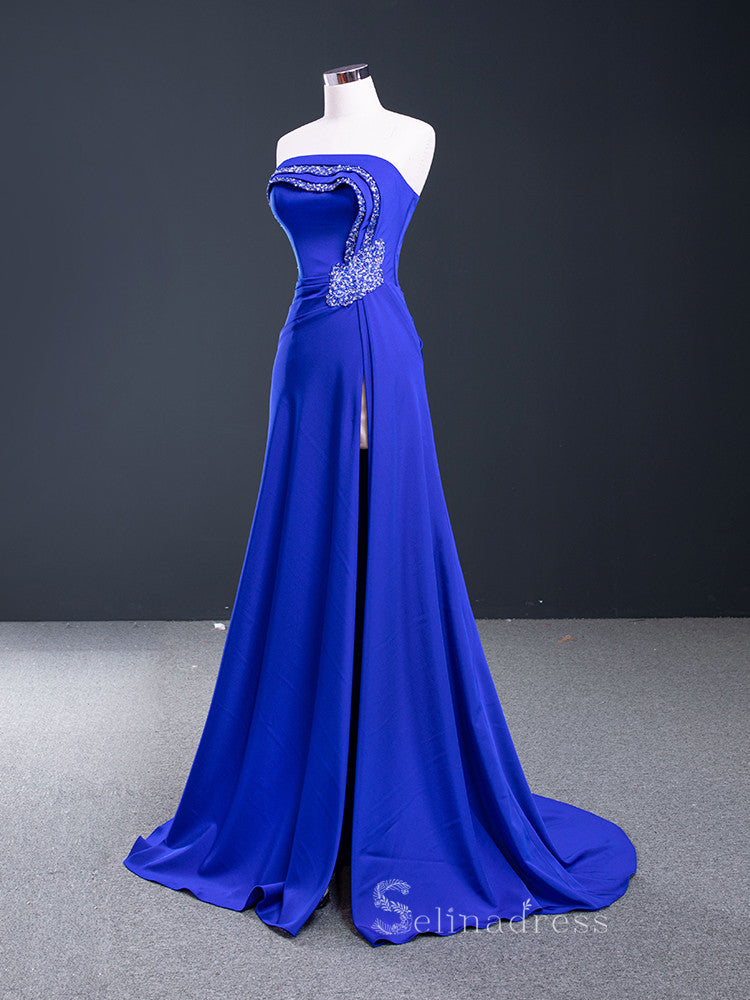 A-line Strapless Royal Blue Luxury Prom Dress Beaded Evening Gowns DWH67087|Selinadress