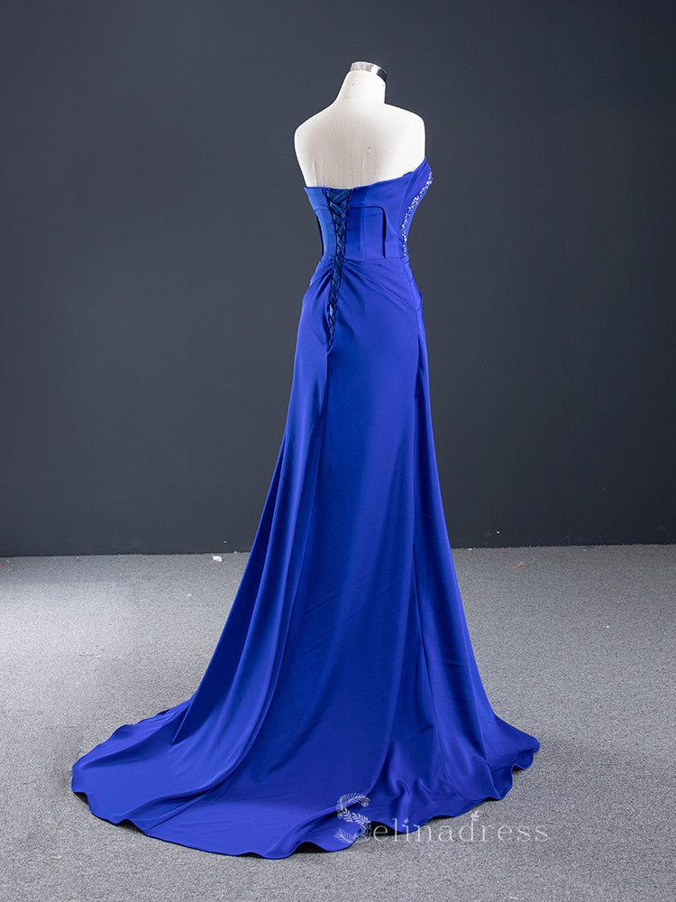 A-line Strapless Royal Blue Luxury Prom Dress Beaded Evening Gowns DWH67087|Selinadress