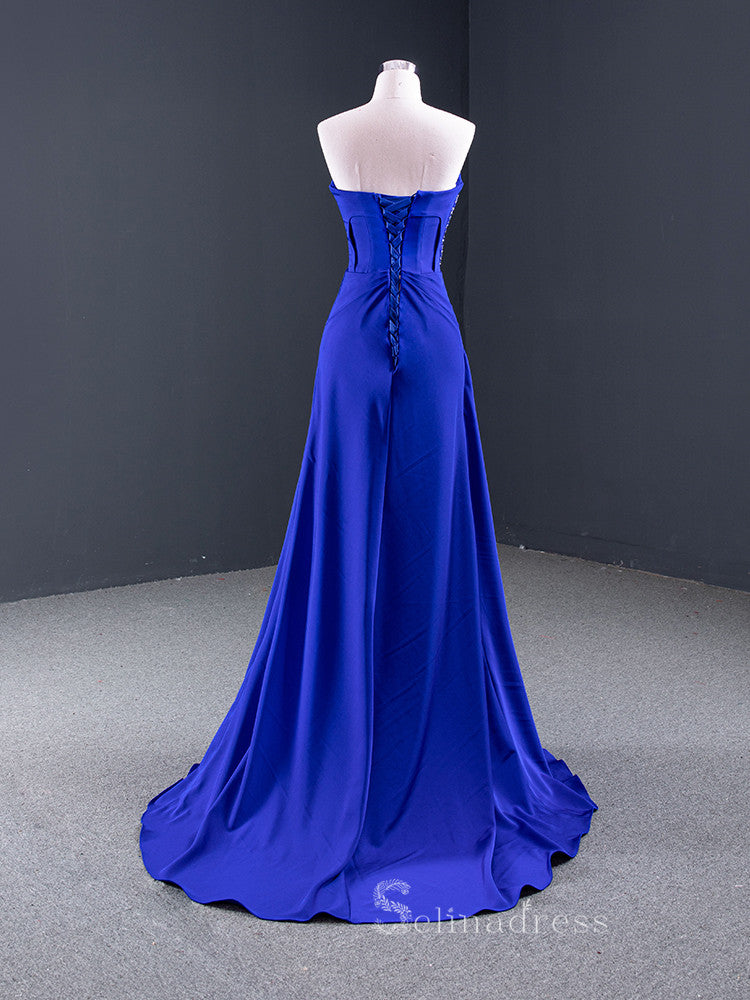 A-line Strapless Royal Blue Luxury Prom Dress Beaded Evening Gowns DWH67087|Selinadress