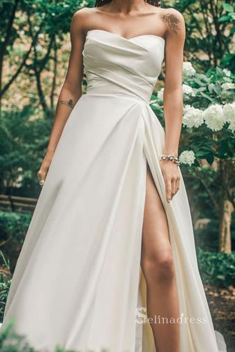 A-line Strapless Satin Thigh Split Wedding Dresses Ruffles Unique Wedding Gown RYU034|Selinadress