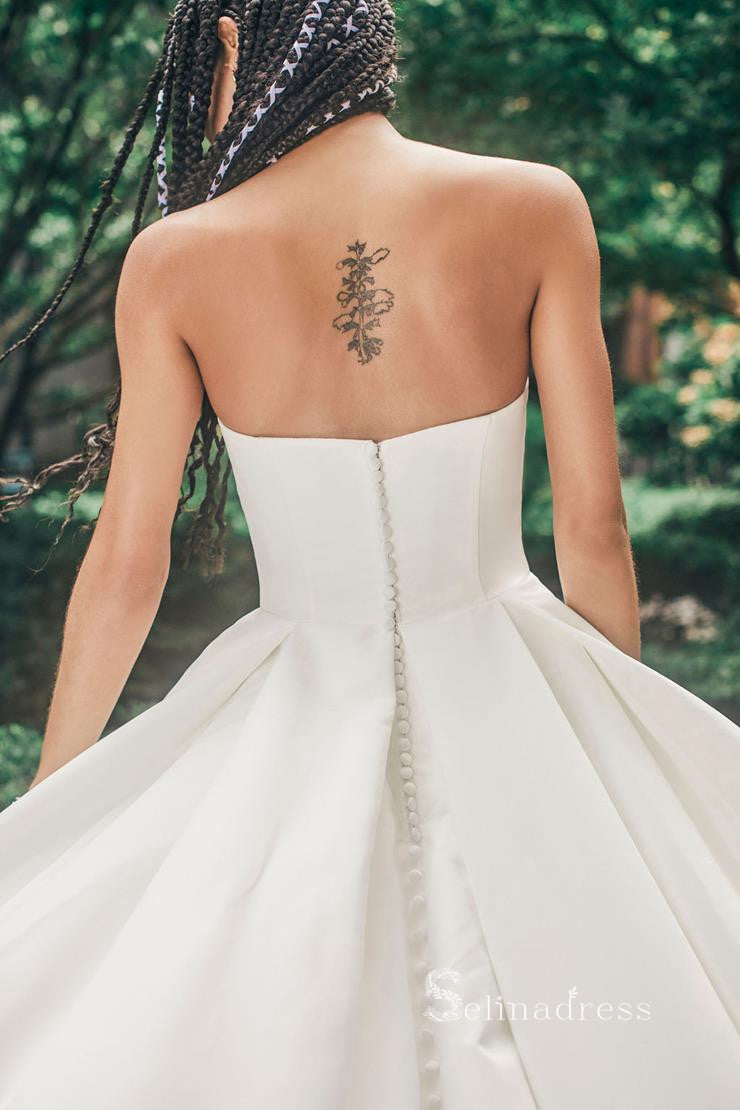 A-line Strapless Satin Thigh Split Wedding Dresses Ruffles Unique Wedding Gown RYU034|Selinadress