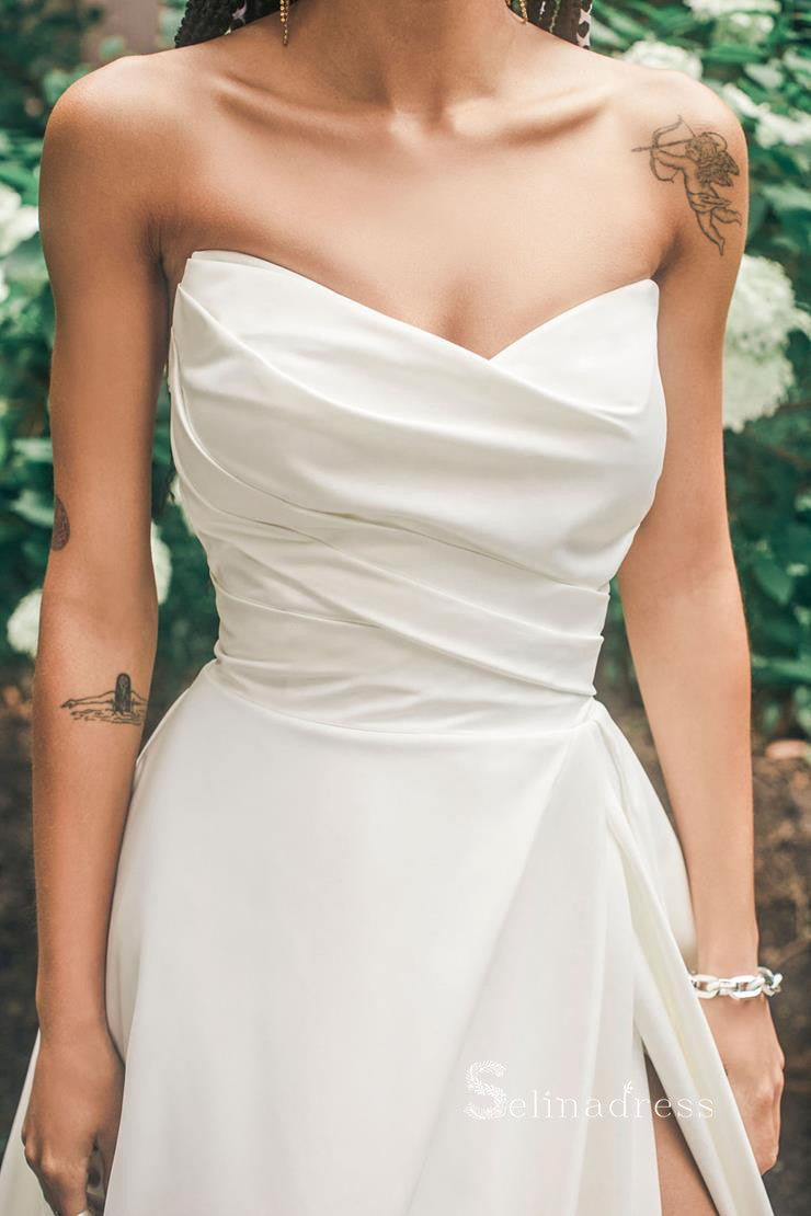 A-line Strapless Satin Thigh Split Wedding Dresses Ruffles Unique Wedding Gown RYU034|Selinadress