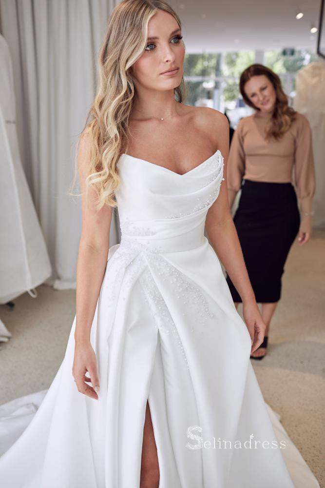 A-line Strapless Satin White Ruffles Wedding Dress Beaded Unique Wedding Gown RYU033|Selinadress