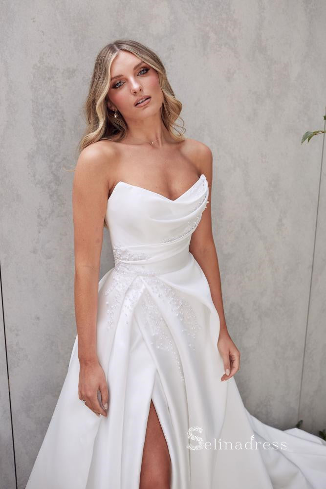 A-line Strapless Satin White Ruffles Wedding Dress Beaded Unique Wedding Gown RYU033|Selinadress