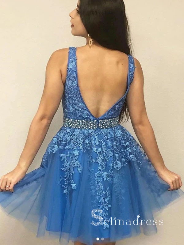 A-line Straps Blue Applique Short Prom Dress Cheap Homecoming Dresses #MHL125|Selinadress