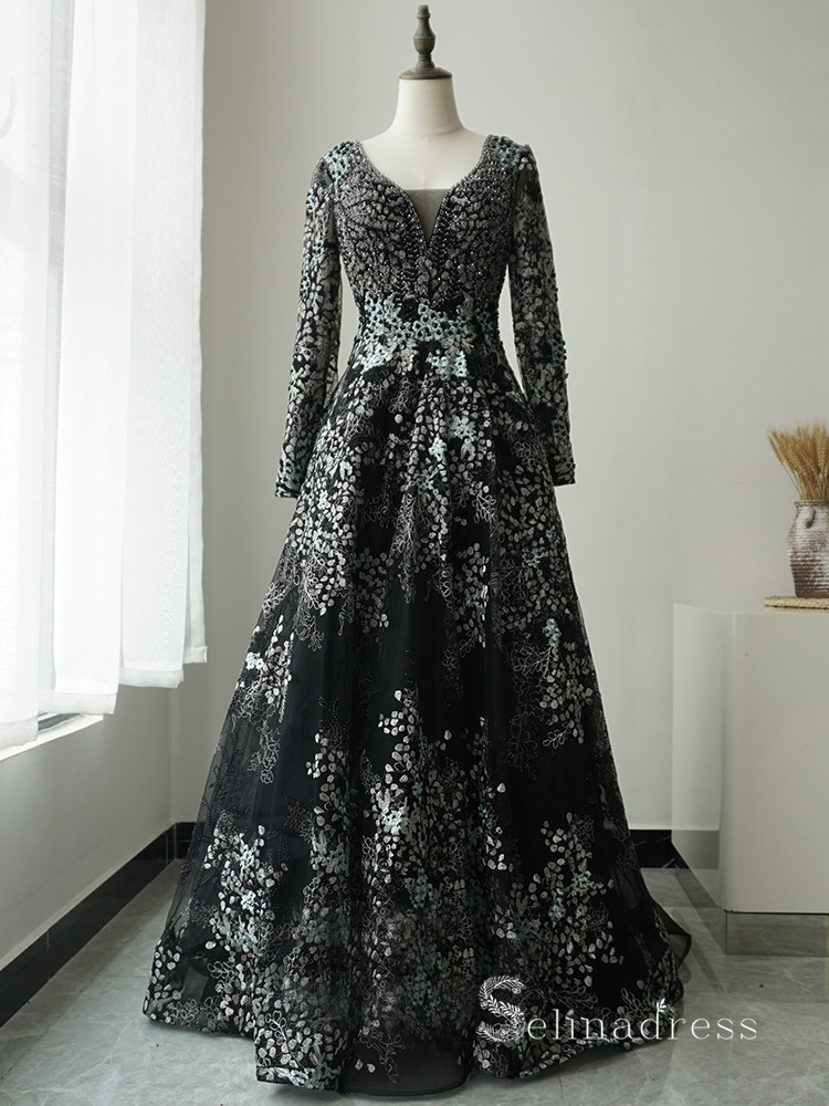 A-line Straps Long Sleeve Black Embroidery Long Prom Dress Luxury Evening Gowns ASB024