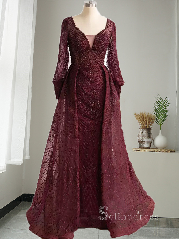 A-line Straps Long Sleeve Elegant Long Prom Dress luxurious Dubai Evening Gowns ASB007|Selinadress