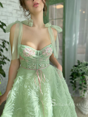 A-line Straps Mint Green Long Prom Dress With Sequins Ruffles Evening Dresses HLK014|Selinadress