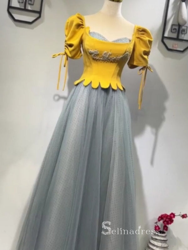 A-line Straps Short Sleeve Long Formal Dress Yellow Princess Prom Dresses GKF030|Selinadress