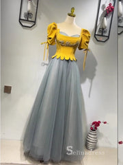 A-line Straps Short Sleeve Long Formal Dress Yellow Princess Prom Dresses GKF030|Selinadress