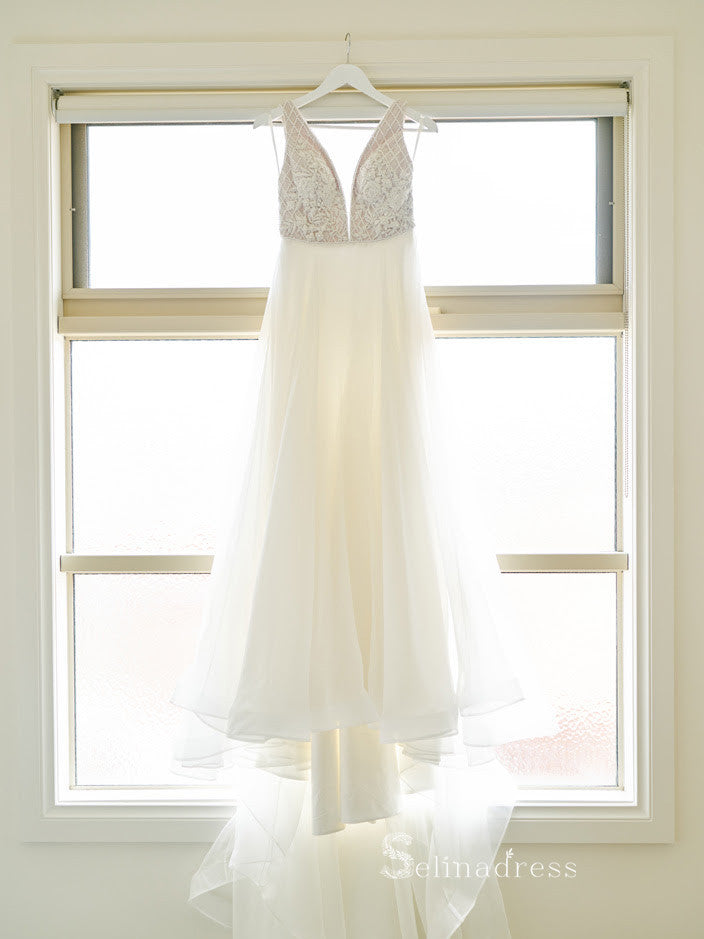 A-line Straps White Beaded Wedding Dresses Cheap Rustic Bridal Gowns MHL2855|Selinadress